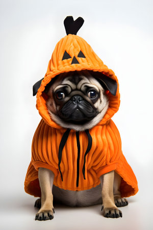 pug dog in orange costume for halloween on white background. Generate AI.の素材