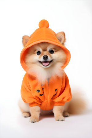 Cute Pomeranian wearing orange costume for halloween on a white background Generative Aiの素材
