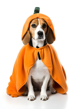 beagle dog in a orange cloak isolated on a white background. Generative Aiの素材