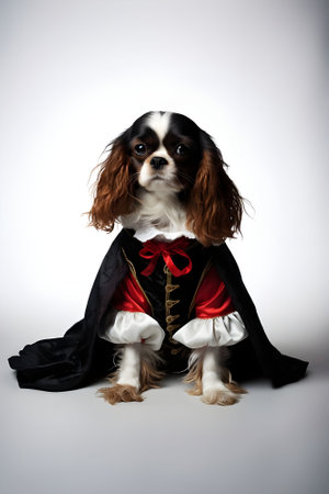 Cute Cavalier King Charles Spaniel wearing a dracula costume for Halloween Generative Aiの素材