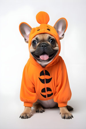 Cute French bulldog wearing a pumpkin costume for halloween Generative Aiの素材