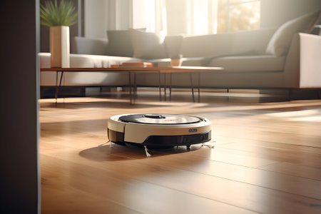 Robotic vacuum cleaner cleaning the floor in living room. 3d renderingの素材