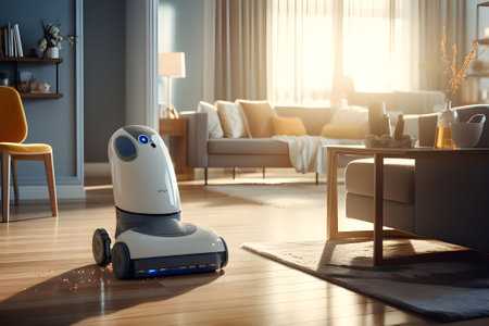 Modern robot vacuum cleaner cleaning the living room at home. 3d renderingの素材