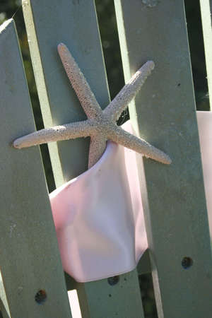 Starfish tied to green adirondack chair with pink ribbonの写真素材