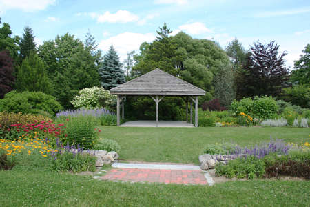 Colorful garden with wedding pavillionの写真素材