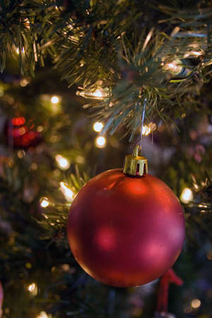 Red Christmas ornament hanging on decorated treeの写真素材