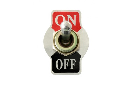 Front view closeup of toggle switch for electric circuit on-off, isolated in white backgroundの写真素材