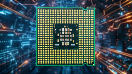 Detailed back side view of an AI chip surrounded by a dynamic digital landscape filled with glowing...