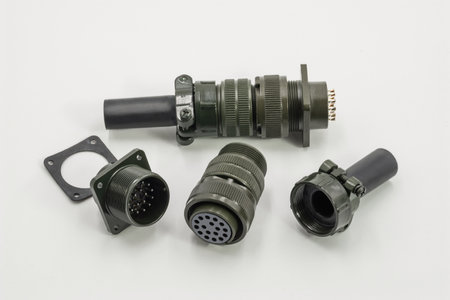 Four rugged military grade signal connectors displayed to emphasize their durable design and...