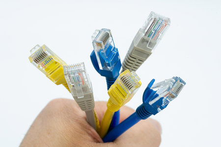 A hand firmly grips multiple LAN cables featuring a variety of colors, showcasing tools for connecting devices. Each cable has distinct connectors.の写真素材