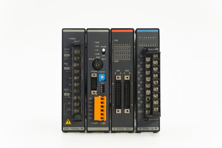 This device showcases a programmable logic controller with multiple input and output connections,...