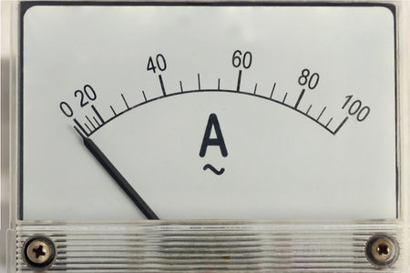 The old analog dial gauge amp meter shows a clear reading on its scale isolated on white background.