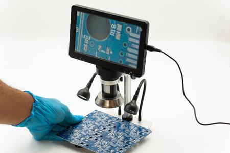 Technician wearing gloves examines a printed circuit board under a digital microscope for quality...