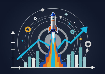 Illustration of a rocket launching above rising bar charts and growth lines, representing startup success, business acceleration, innovation, performance boost, and strategicのイラスト素材