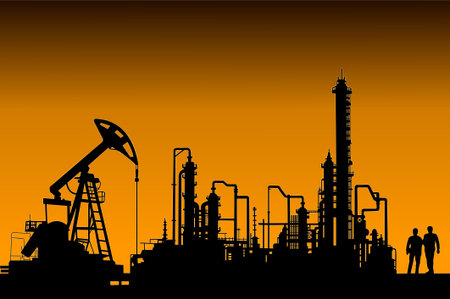Silhouette of an oil refinery, pump jack, and workers set against a dramatic sunset sky, symbolizing energy production, petrochemical industry, engineering, and industrial factoryのイラスト素材