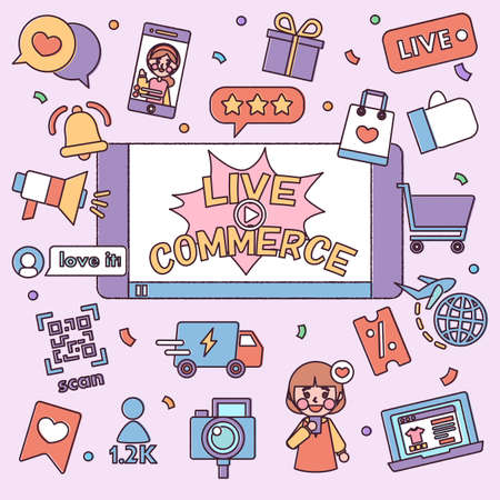 Live commerce. Selling goods on mobile screen and hand is touching the screen. People are shopping around with their smartphones. flat design style minimal vector illustration.のイラスト素材