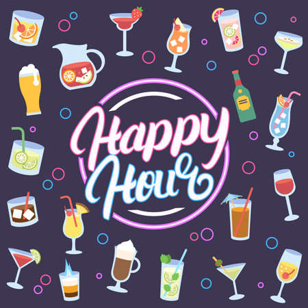 Cute liquor and glass happy hour illustrationのイラスト素材