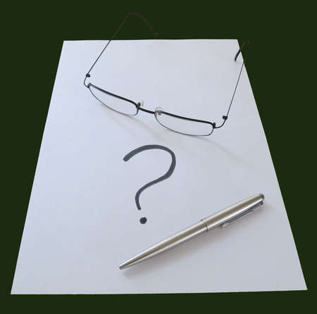 Glasses with pen and question mark on white blank paper Wtriter's Black                     の写真素材