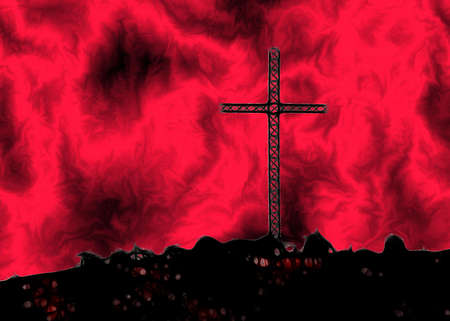 Christian Cross on Hill with Fire in the Air Art Illustrationの写真素材