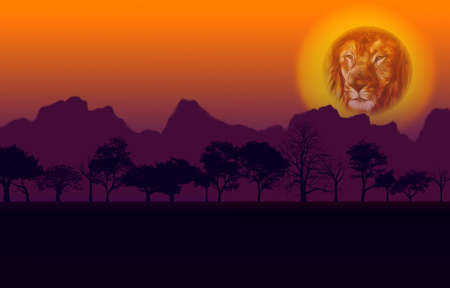 Colorful African Nature Sunset with Lion Head Sun Silhouetted Trees and Mountainの写真素材