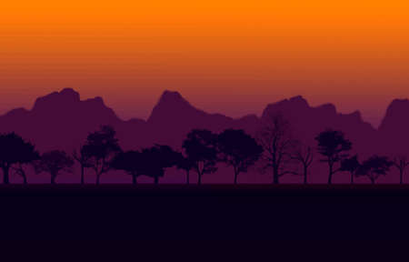 Colorful African Nature Sunset with Silhouetted Trees and Mountain Vector