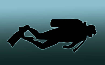 Blue Background Silhouette of scuba diver swimming with gearの写真素材