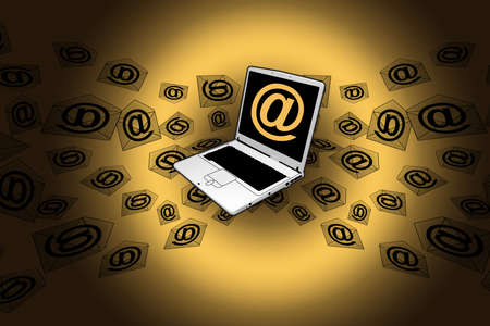 3D E-Mail Laptop with Golden Background Flying Messagesの写真素材