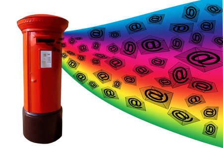 3D E-Mail Red Post Box with Rainbow Flying Messagesの写真素材