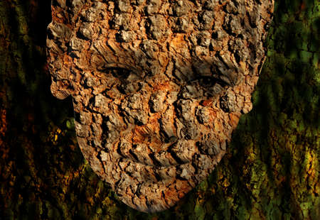Boy Face in Green Bark of Tree Nature Conservation Symbolism  の写真素材