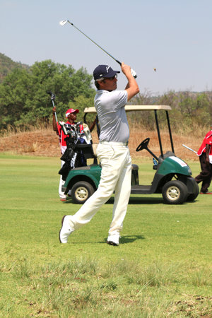 VAN DE VELDE, JEAN - NOVEMBER 15: Pro Golfer Playing at Gary Player Charity Invitational Golf Tournament approach shot on November 15, 2015, Sun City, South Africa.のeditorial素材