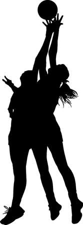 Black on silhouette of girls ladies netball players competing for ball in airのイラスト素材