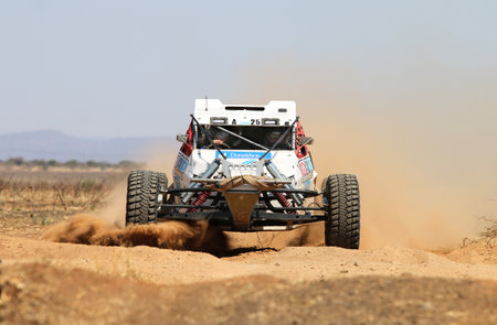 Sun City, South Africa - OCTOBER 1, 2016: Front view close-up of white Bat rally car at road...