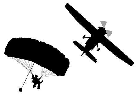 Bottom profile silhouette of sky diver with open parachute and airplaneのイラスト素材