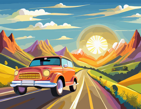 Holiday Travel Series - Colorful Abstract Art Vector Image of Car Road Trip.のイラスト素材