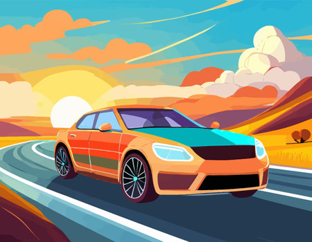 Holiday Travel Series - Colorful Abstract Art Vector Image of Car Road Trip.のイラスト素材
