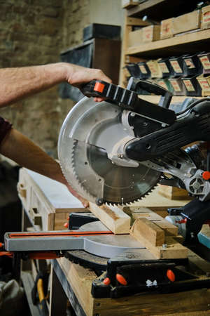 Work table of a carpenter with a gouge and a pile of wood chips. Vercion 5の写真素材