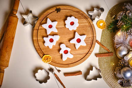 Christmas Gingerbread Cookies Star Shape in Stack. Holiday concept decorated on the table.の写真素材