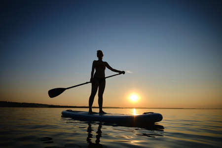 Siluet of Woman standing firmly on inflatable SUP board and paddling through shining water surface. Wide shot Version 3の写真素材