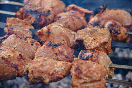 Close up view of charcoal cooked meat. Barbecue grilling shish kebab Version 2