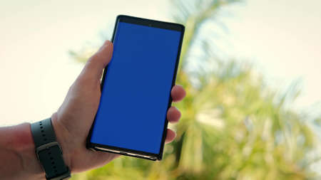 Phone in the hand closeup green palm tree background. Phone screen is blue chroma key. Close upの写真素材