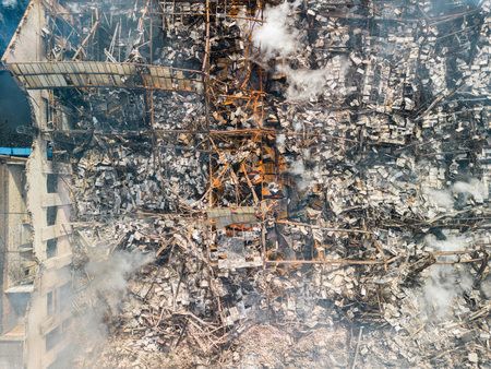 Aerial top view of building was destroyed after the fireの写真素材