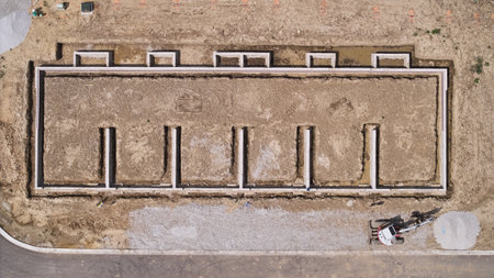 Drone above photo. Element of house family construction site. Day time shotの写真素材