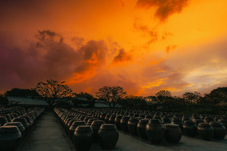 a terrace where traditional Korean soy sauce crocks are placedの写真素材