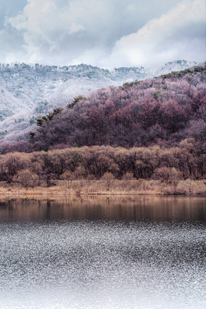Landscape view of the lake and the mountainsの写真素材
