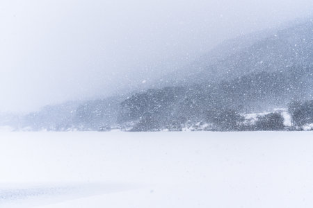 Beautiful landscape of snow covered mountain lake in winter season South Koreaの写真素材