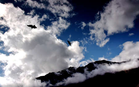 Nature landscape scenery view of a mountain under the blue sky and white cloudの写真素材