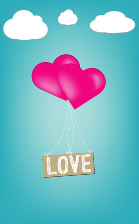Love Text With Hearts Shapes Coral Color Balloons and Birds on Romantic Blue  Background Greeting Cardのイラスト素材