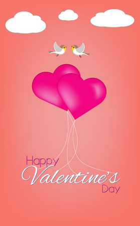 Happy Valentine's Day Text With Hearts Shapes Balloons and Birds on Romantic Living Coral Background Greeting Cardのイラスト素材