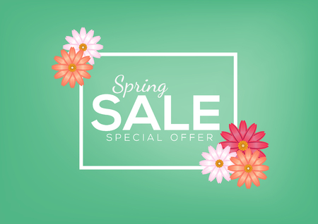 Spring Sale Flyer Banner Design Vector Background with abstract colorful flowerのイラスト素材
