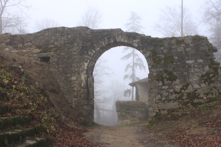 entrance of castle in fogの写真素材
